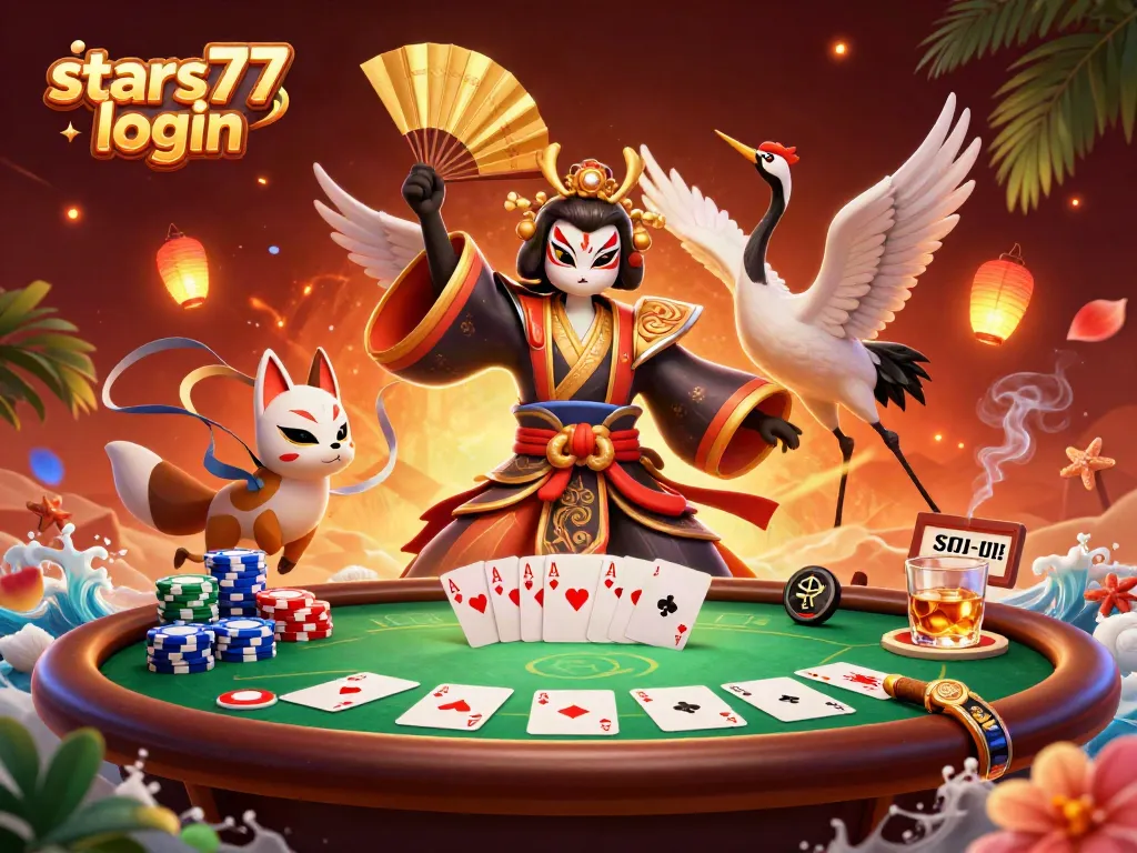Permainan risiko tinggi dalam gambar 3D ini menampilkan stars77 login dengan suasana kasino yang megah.