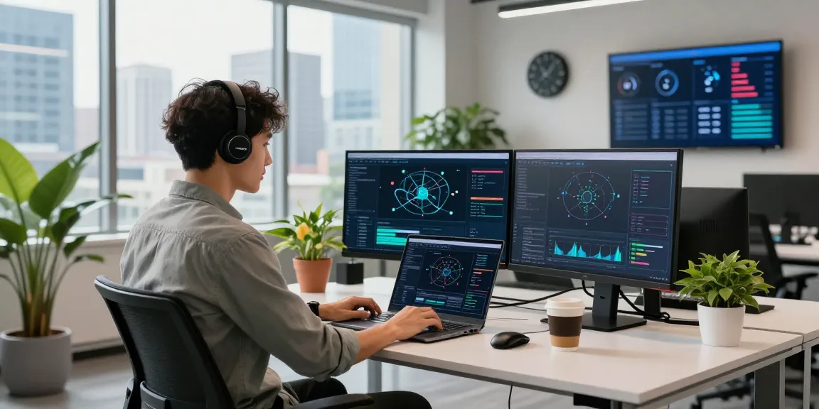 快连 software developer in a modern office workspace optimizing network connections using advanced algorithms.