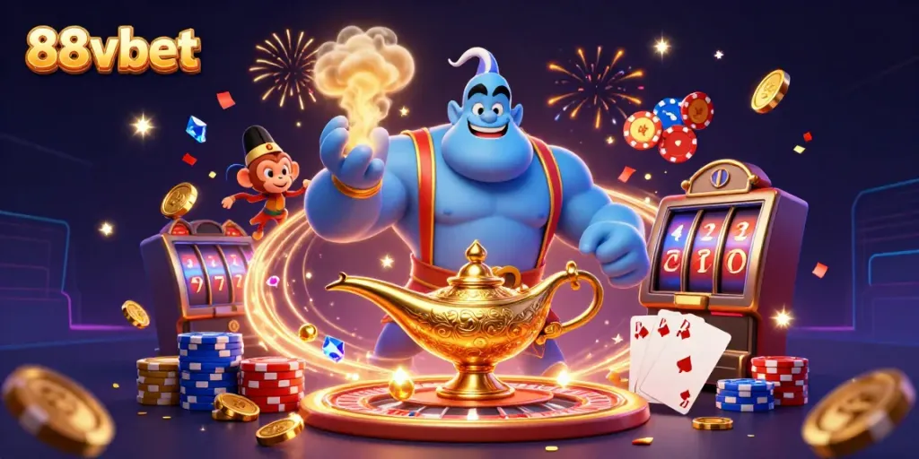 Experience thrilling action with 88vbet, featuring a genie, poker chips, and celebration elements.