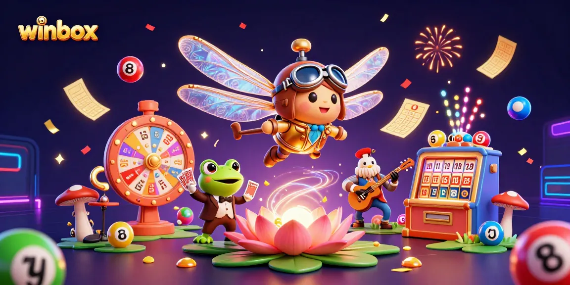 Engage with winbox's vibrant online casino experience featuring a joyful dragonfly pilot and frog croupier.