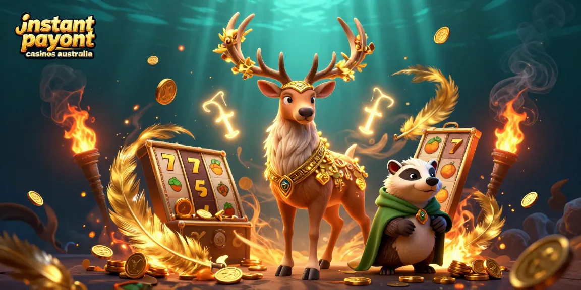 Experience instant payout casinos Australia featuring cartoon druid stag and wise badger amidst vibrant gaming elements.