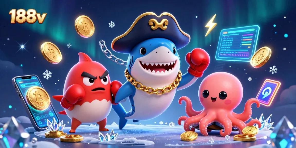 Engage in thrilling gameplay at 188v with vibrant casino characters and crypto elements.