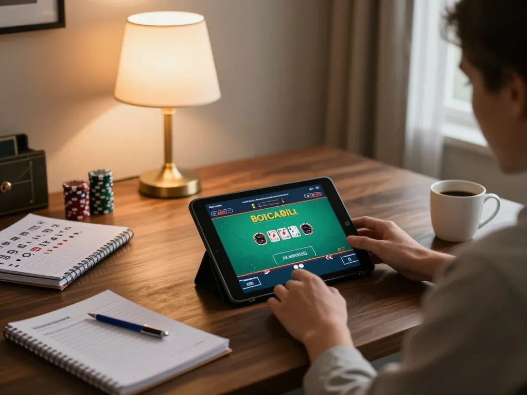 Player enjoying lc88 live dealer poker game on tablet during cozy home gaming session