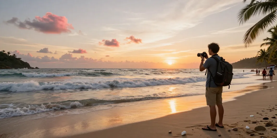 Menikmati sunset di pantai sambil Login LUXURY777 dengan kamera dan ransel.