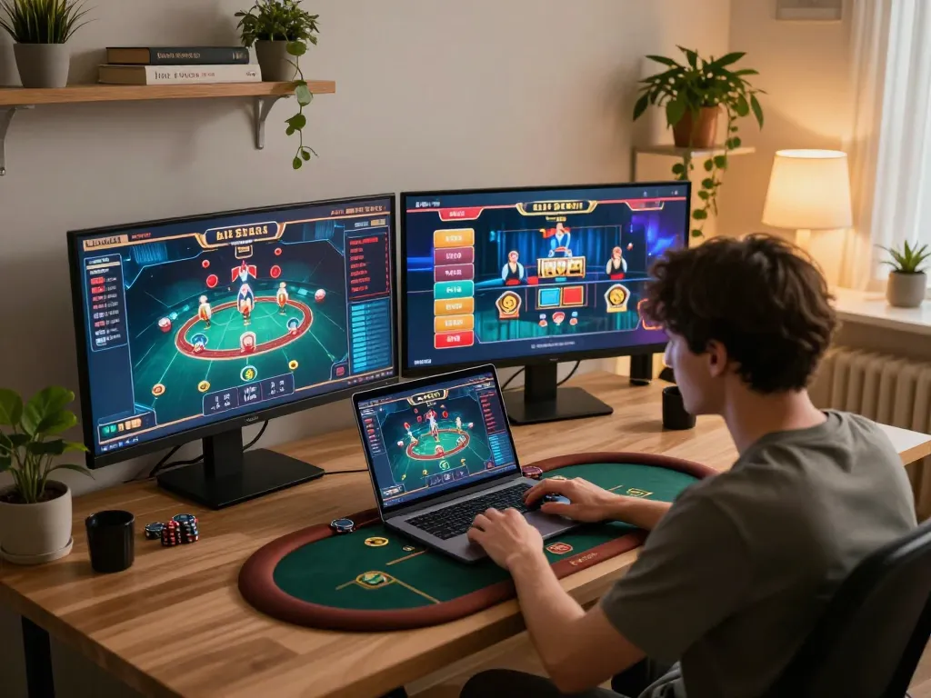 Nohu90 player enjoying live poker at home, showcasing a focused online gaming experience