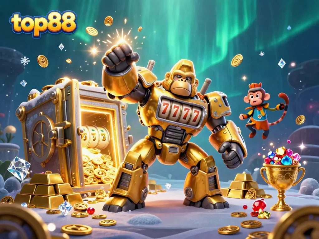 Engage with top88's thrilling gaming experience featuring a vibrant 3D gorilla mech in a treasure-filled casino scene.