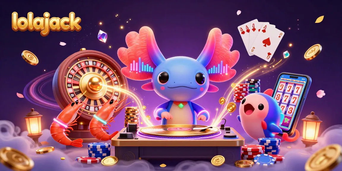 Experience exciting gameplay at lolajack casino with dynamic 3D illustration of animated casino elements.