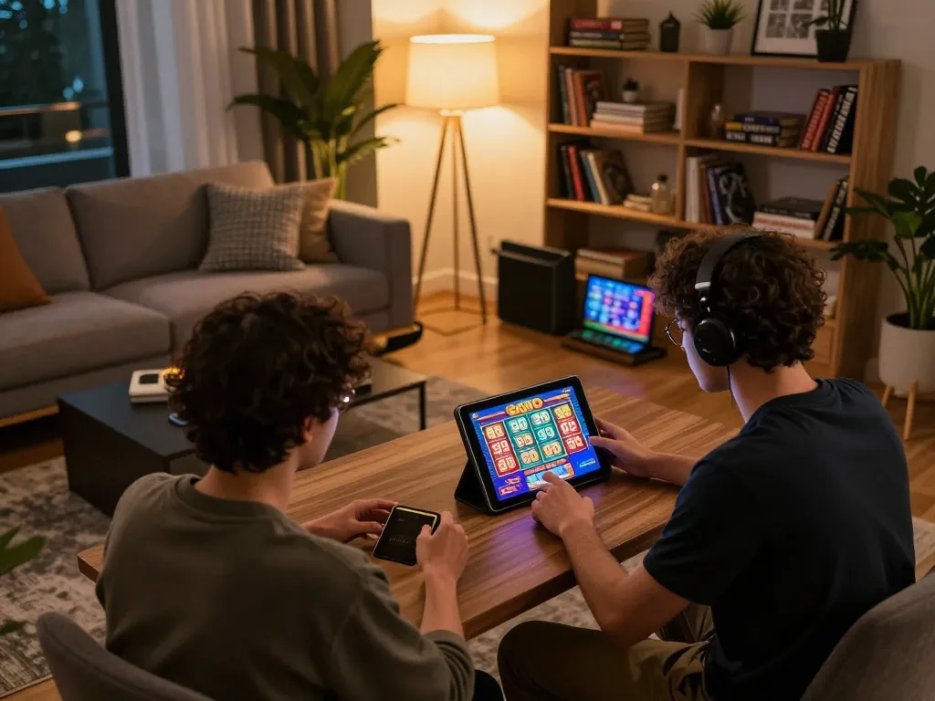 Engaging player enjoying Go 99 slot games on tablet in cozy home setting, showcasing vibrant gaming graphics.
