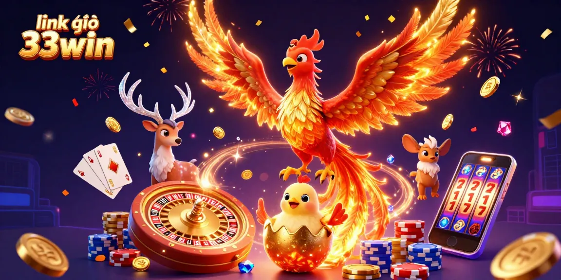 Experience thrilling gaming action with link vào 33win as vibrant phoenixes soar amid casino elements.