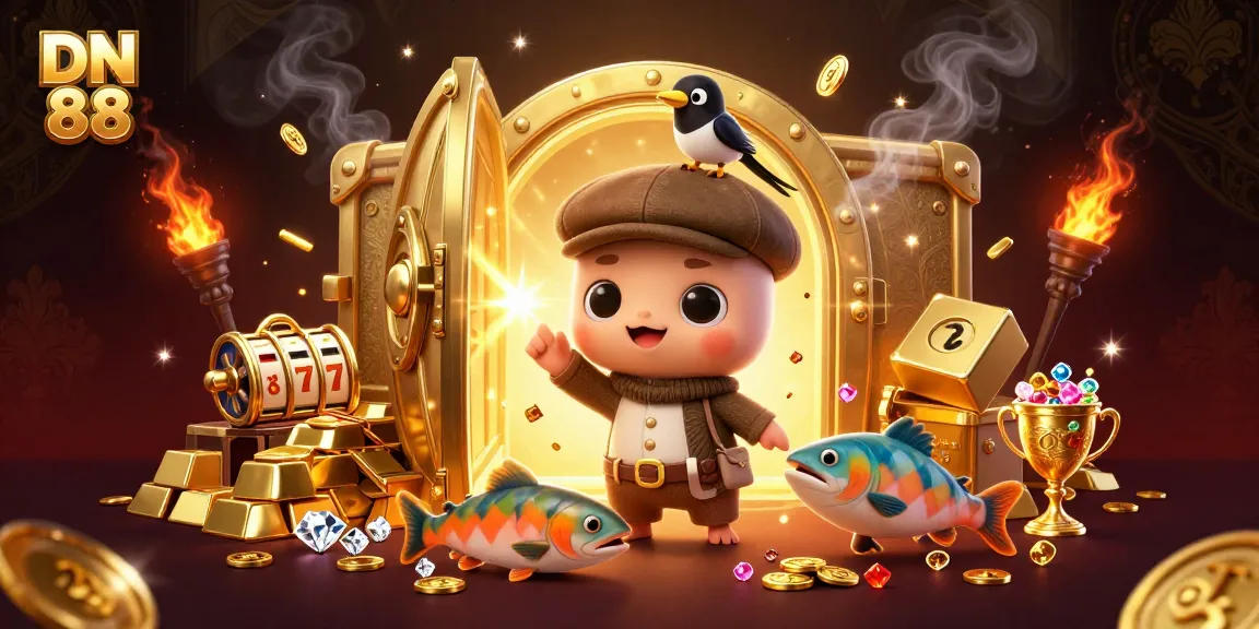 Engage with vibrant DN 88 casino treasures featuring cartoon characters, slot reels, and dazzling jewels.