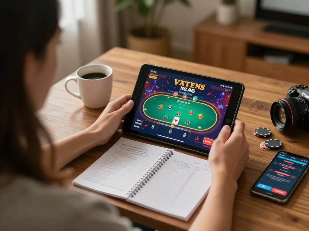 Player enjoying MM88 casino games on a tablet while tracking bankroll at home.