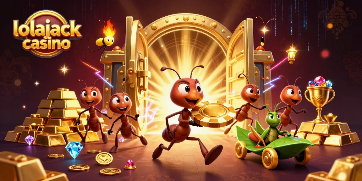 Experience thrilling gameplay at lolajack casino with playful ants seizing a giant poker chip amidst treasures.