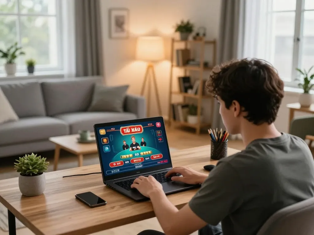 Engaged player enjoying tài xỉu online, focusing on live dealer gameplay from a cozy home setup.