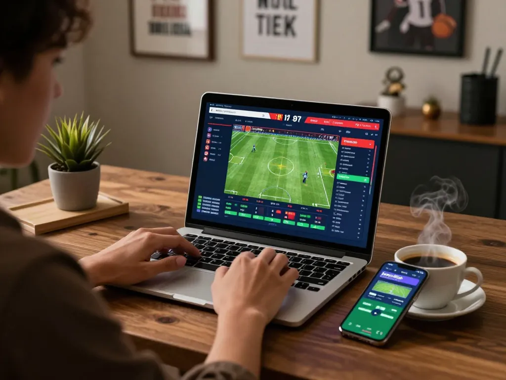 Experience sports betting with sc88 on a laptop, revealing dynamic betting interface and casual home setup.