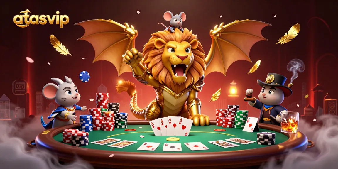 Experience thrilling gameplay at atasvip with a playful chimera character dominating a lively poker scene.