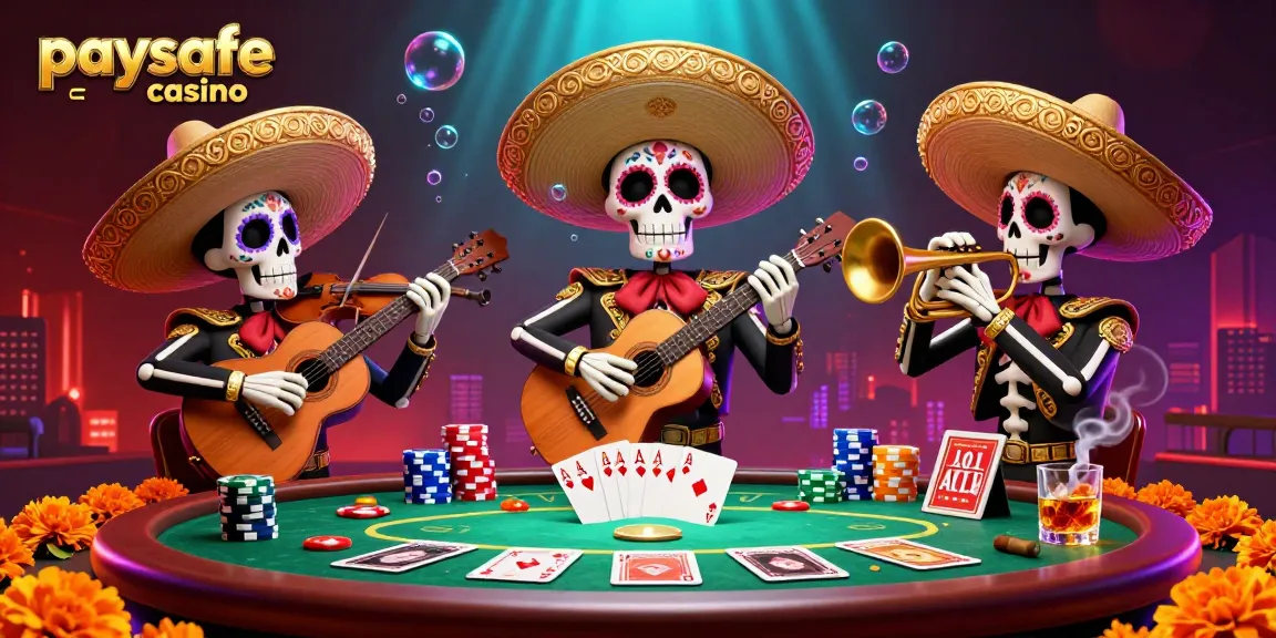 Szene im Paysafe Card Casino mit einer lebhaften Mariachi-Band und lebendigen Poker-Elementen.