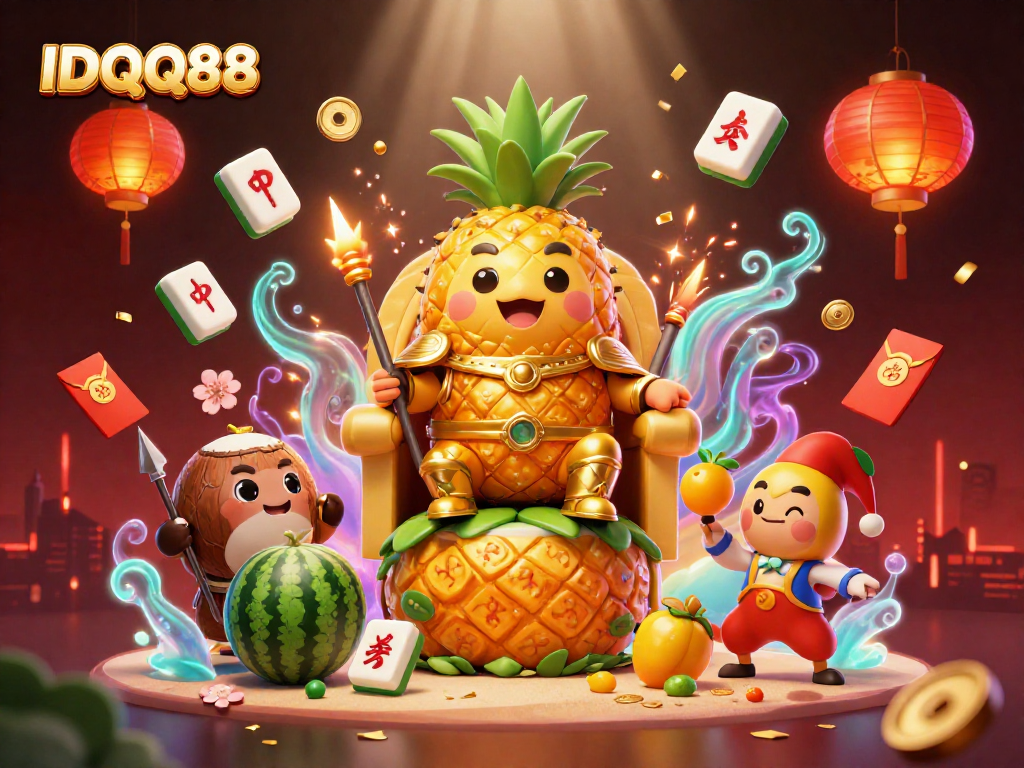 Spin and win at IDQQ88 with vibrant casino characters and games in an engaging beach scene.