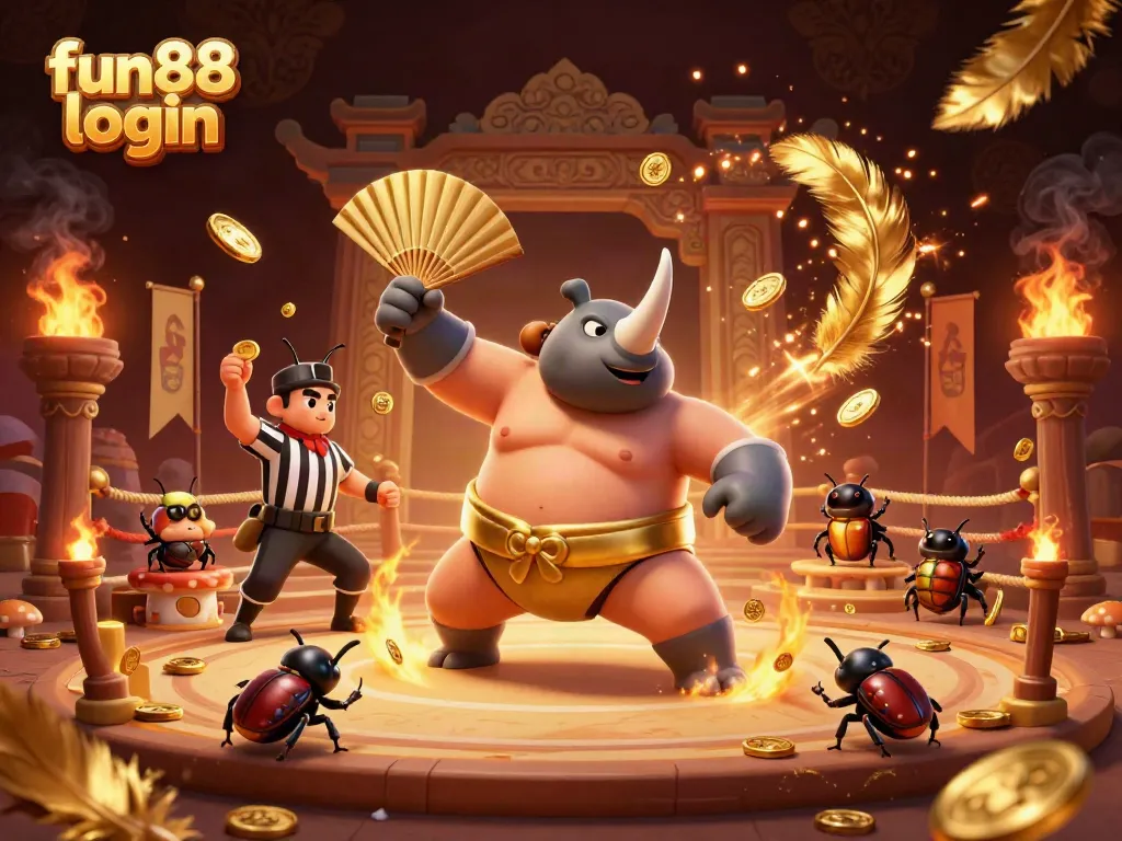 Experience the excitement of fun88 login with a dynamic scene featuring a rhinoceros beetle sumo champion and colorful casino elements.