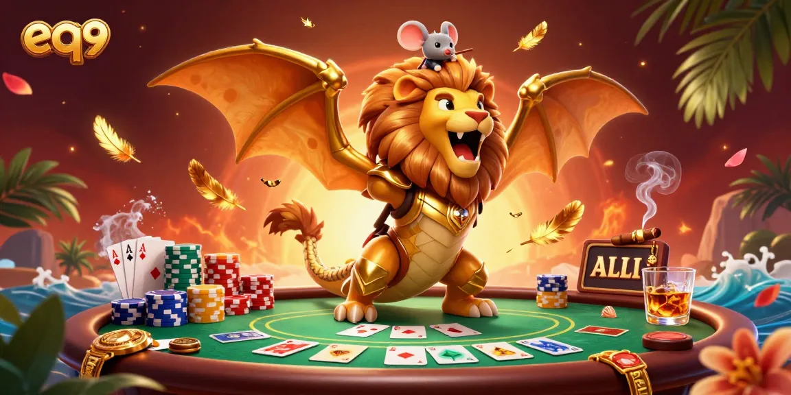 Engage with EQ9's thrilling poker scene featuring a chimera and mouse jockey, epitomizing exhilarating gameplay.