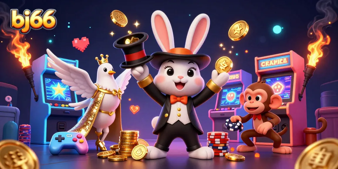 Experience the thrill of bj66 as the magician rabbit conjures coins amidst a vibrant casino illustration.