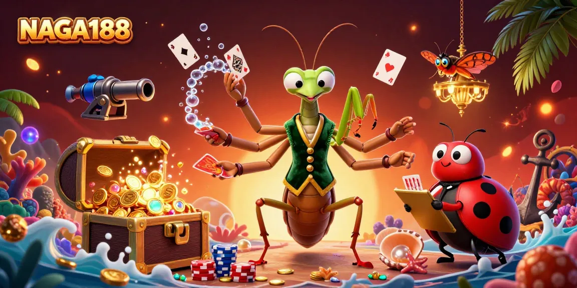 NAGA188 menghadirkan ilustrasi kasino 3D dengan karakter menarik dalam permainan kartu dan perayaan kemenangan.