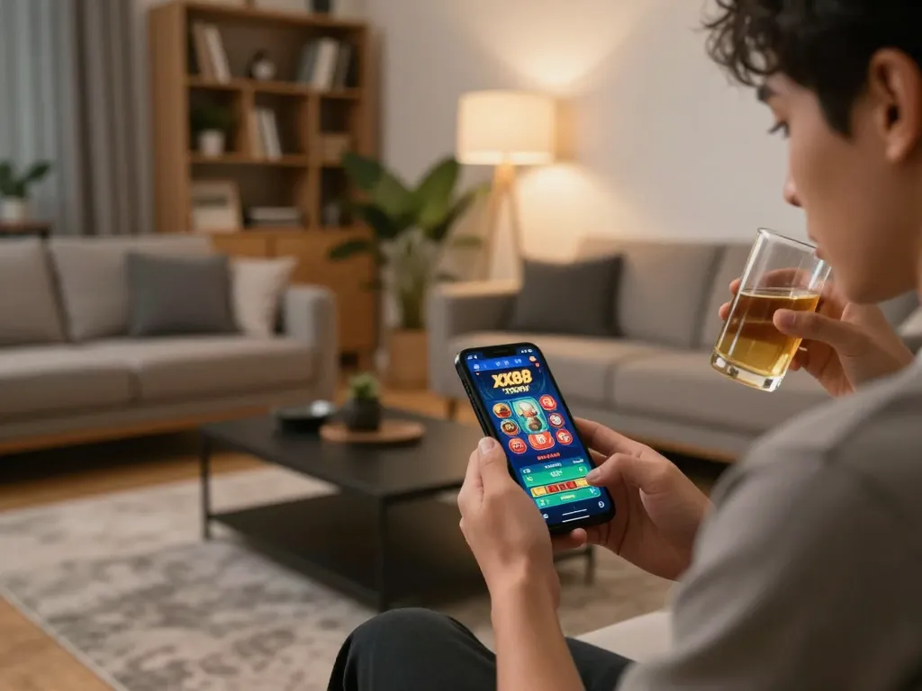 Engaging with XX88 TODAY casino app on smartphone in a cozy home environment