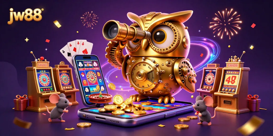 Spin and win with jw88's vibrant casino scene featuring clocks, owls, and luck-filled games!
