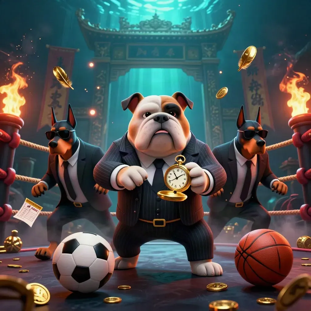 Bulldog mob boss with two Dobermans amid flying sports balls, gold coins, and torchlight
