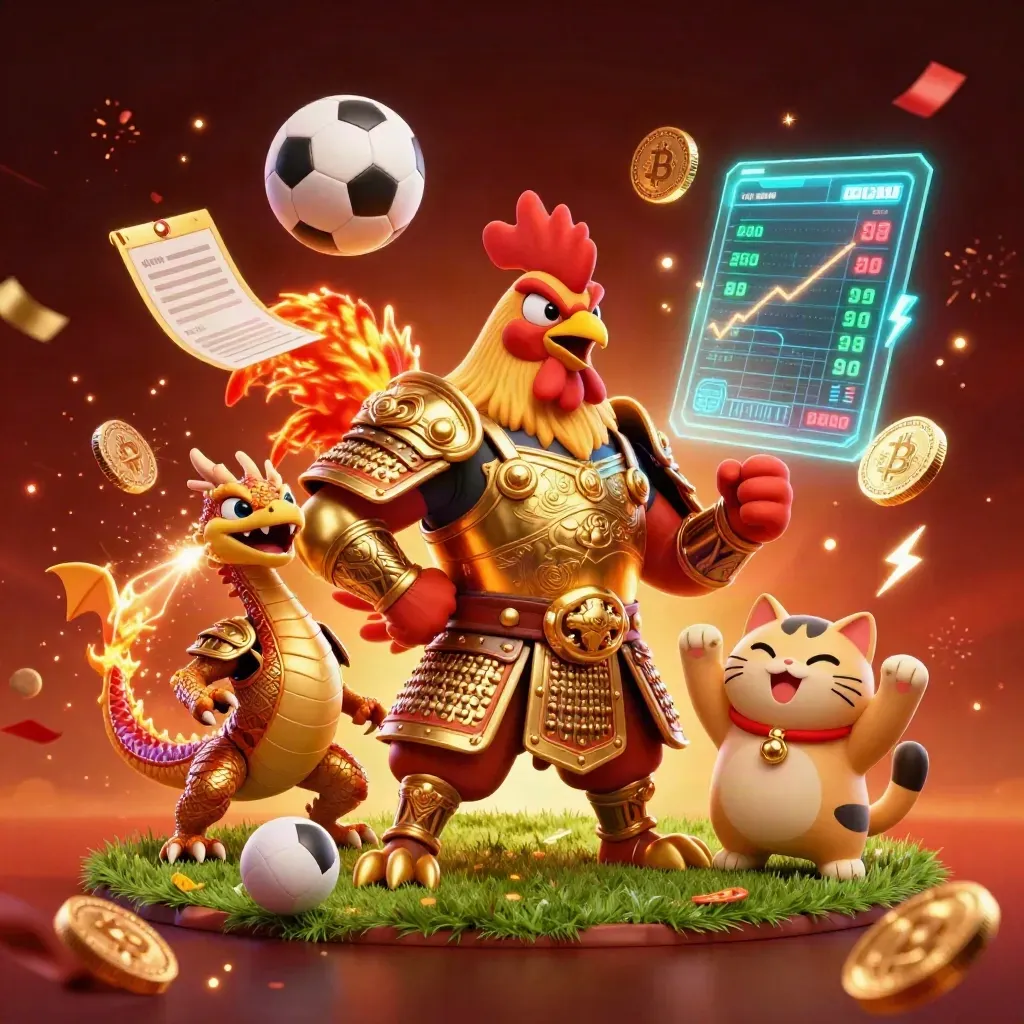 Ground-level fantasy sports tile with rooster warrior, dragon hatchling, fortune cat, coins, ball, sparks