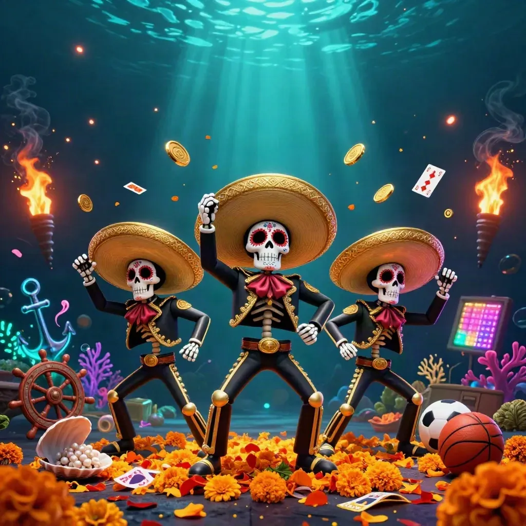 Skeleton mariachi trio in treasure cove with coins, coral, and sports props.