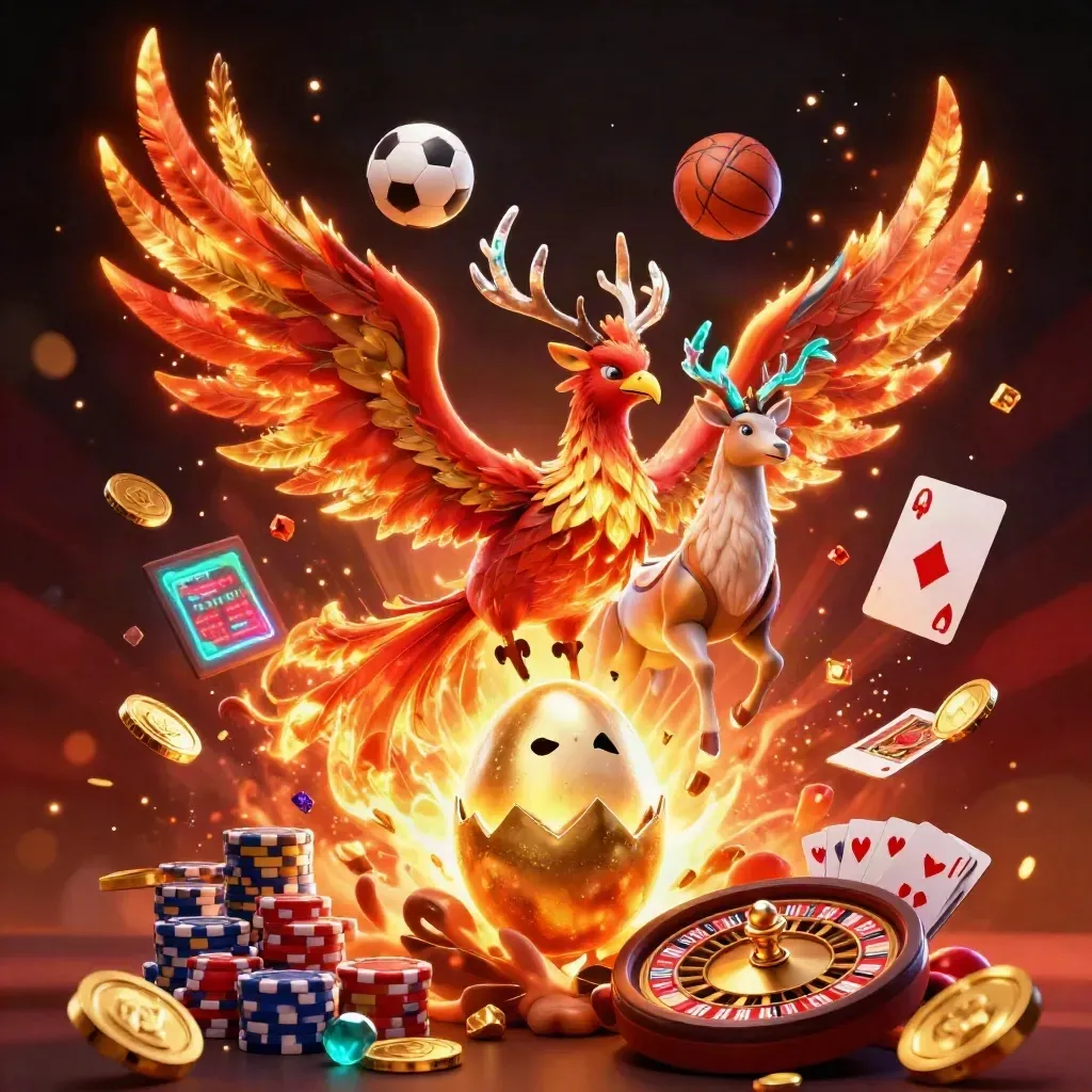 Fire phoenix, stag, and casino symbols burst in a glowing fantasy sports tile.