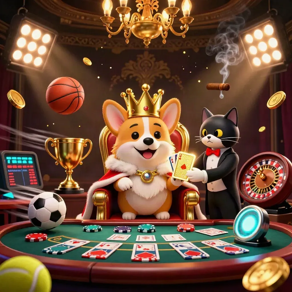 Royal corgi and cat butler in a luxe casino room with flying sports balls, trophy, coins, and chandeliers.