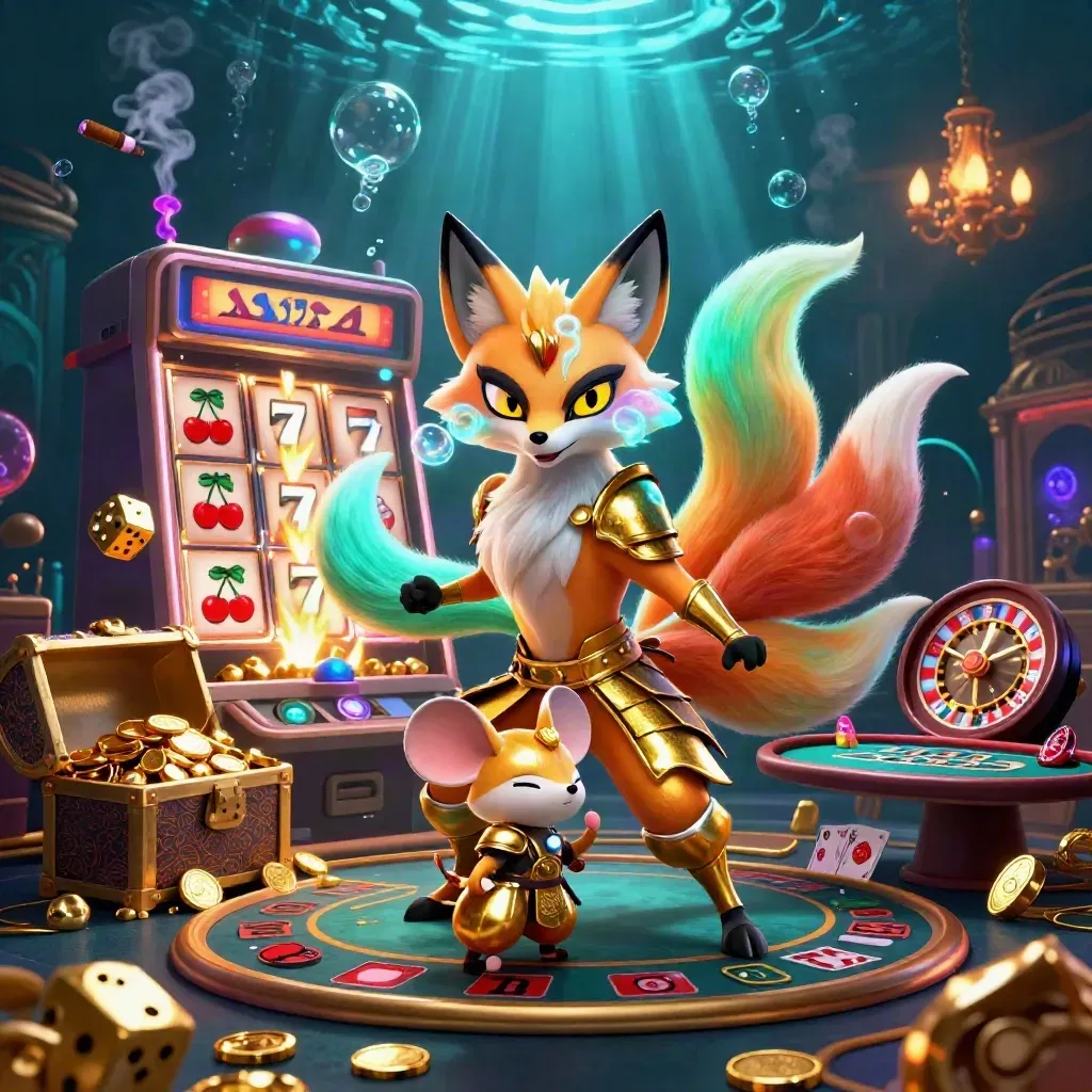 Neon fox spirit and armored mouse amid casino relics in a glowing underwater vault.