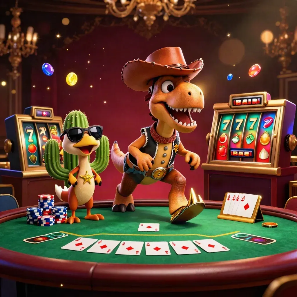 Cowboy T-Rex, cactus sidekick, and sheriff roadrunner in a gold casino burst.