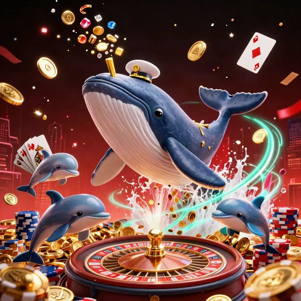 Whale captain, narwhal, and dolphins burst through coins, chips, gems, and casino energy.