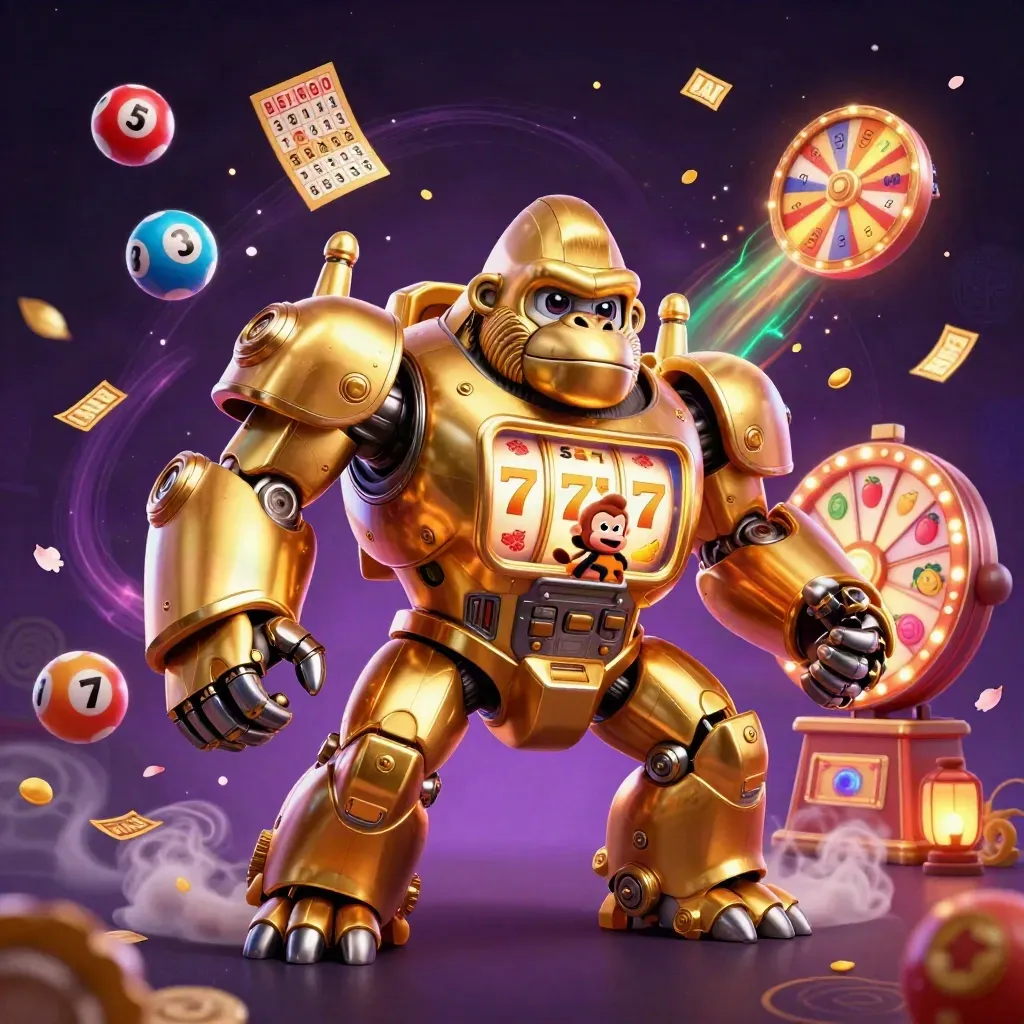Golden gorilla mech with tiny monkey pilot, exploding casino props, dark neon fantasy backdrop