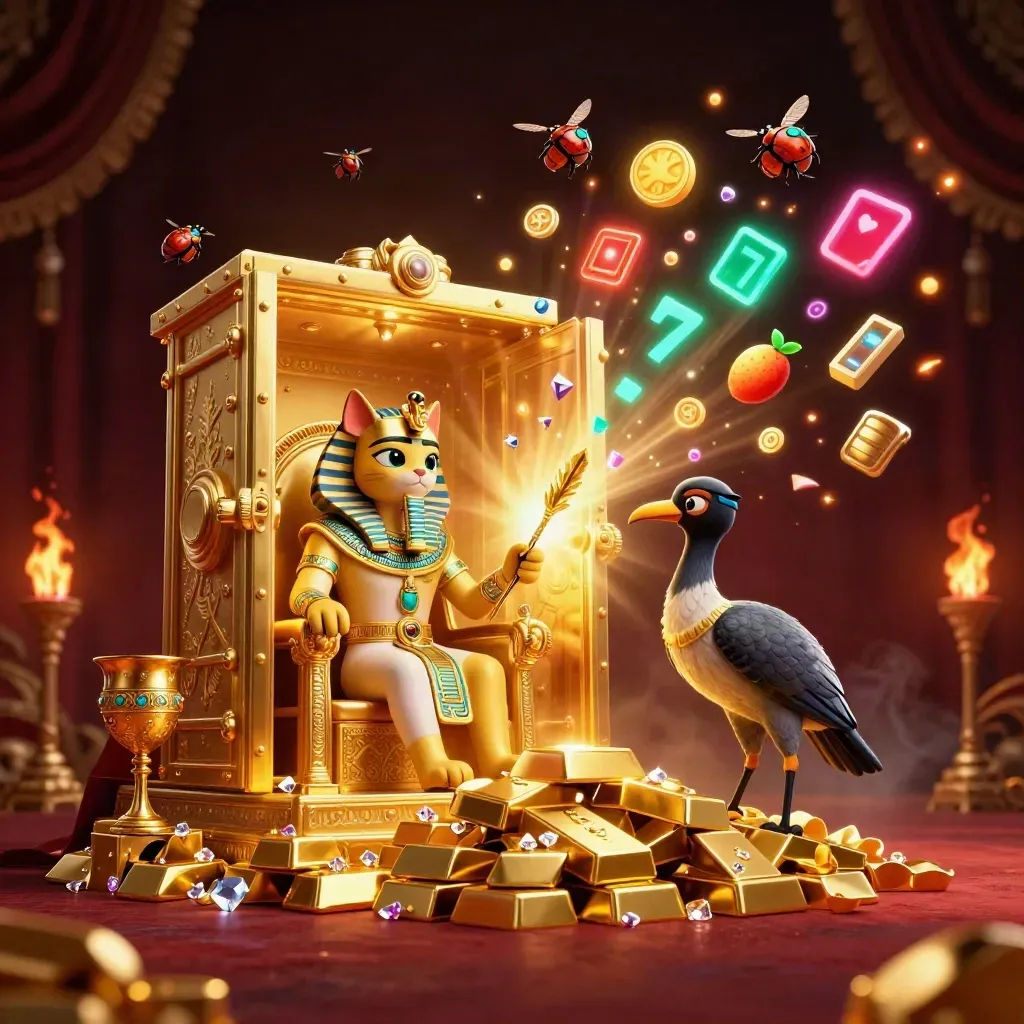 Pharaoh cat and ibis in a gold vault with scarabs, treasure, and teal light bursts.