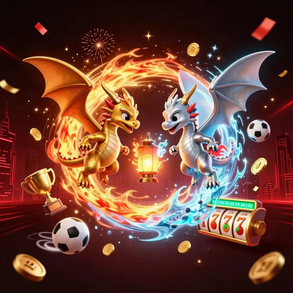 Golden and silver dragons spiral in a neon casino storm with coins, trophies, and teal magic.