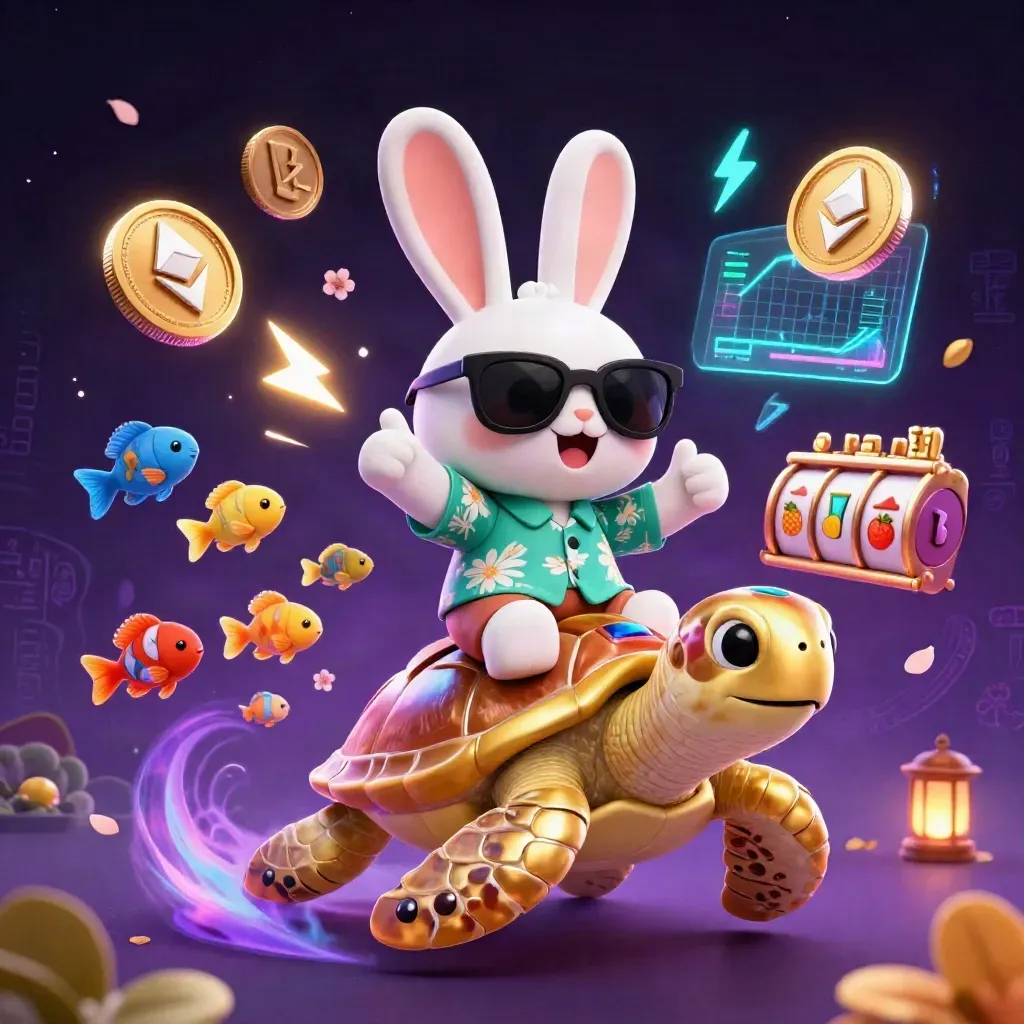 Lucky rabbit rides a gold turtle as crypto coins and neon energy burst in a purple casino fantasy.