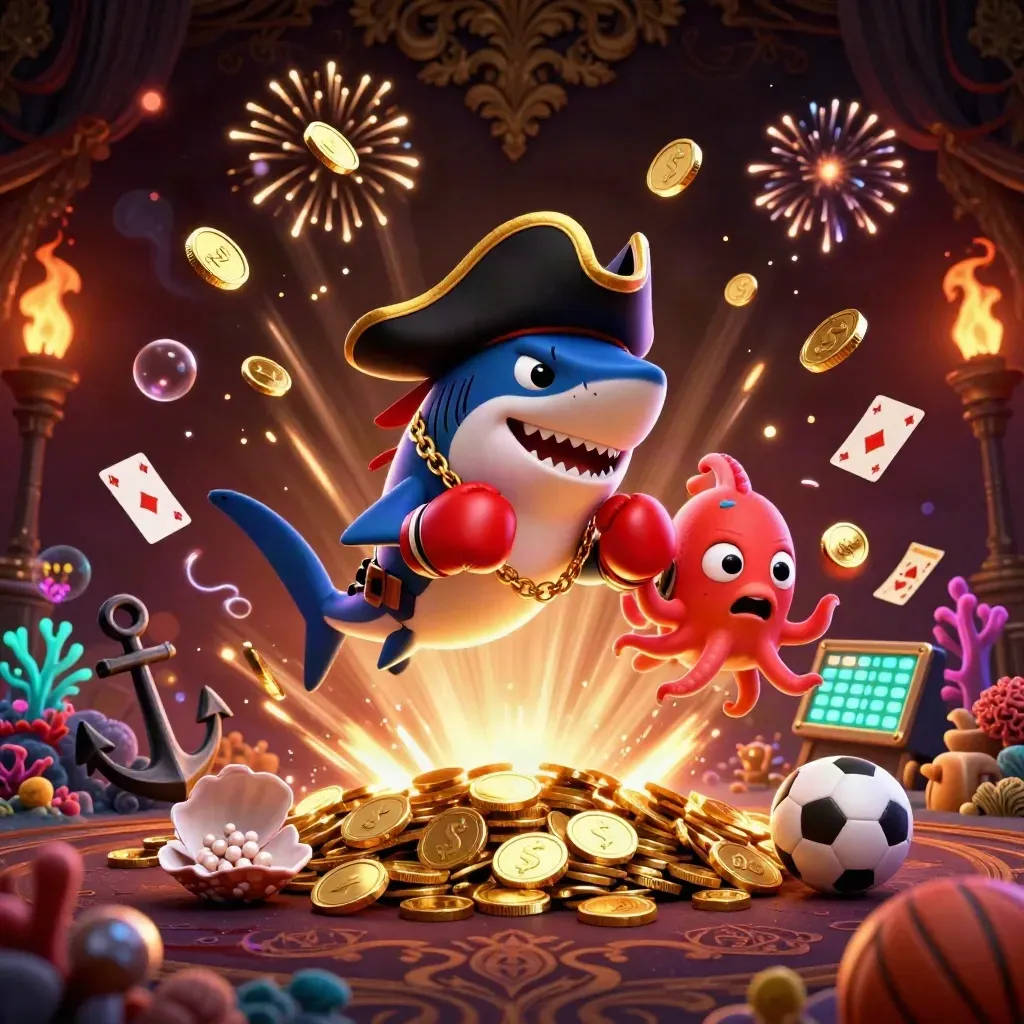 Pirate shark, pufferfish, and octopus amid gold coins, coral, and sports betting props.