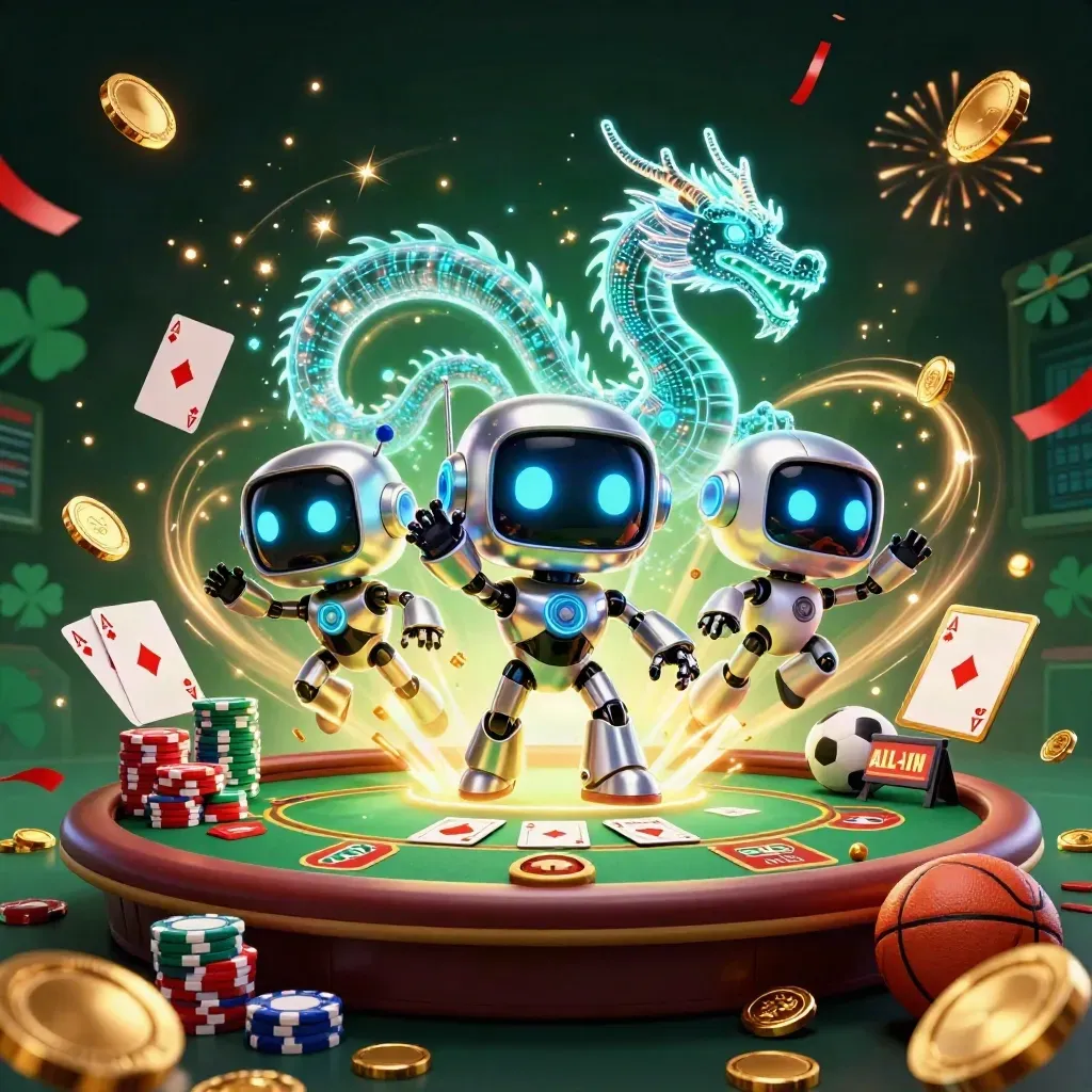 Cyberpunk robot, hologram dragon and coin drone amid coins, chips, cards and fireworks