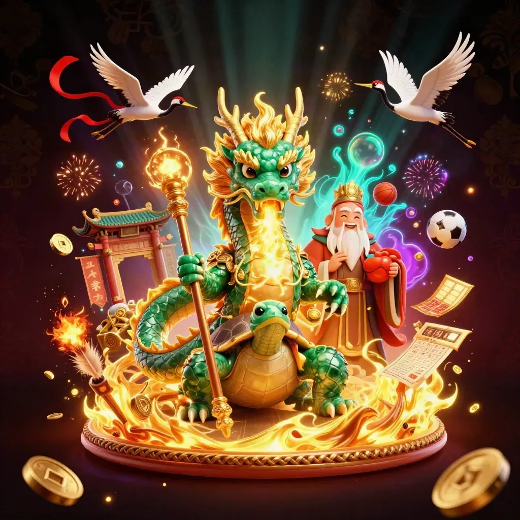 Jade dragon, turtle sage, and cranes amid coins, fire, temple gates, and casino lights.