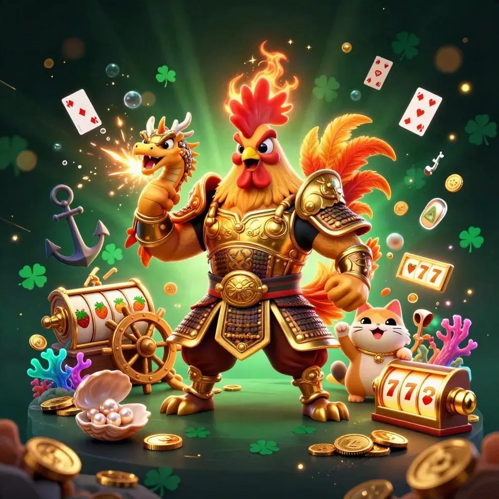 Rooster samurai, spark-breathing dragon hatchling, and cheering lucky cat amid treasure and casino effects.