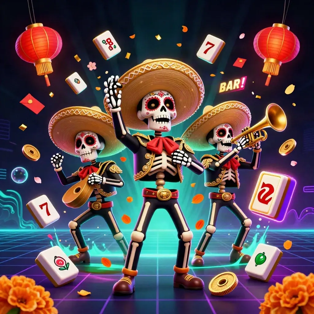 Skeleton mariachi trio amid casino symbols, neon lights, and marigold petals