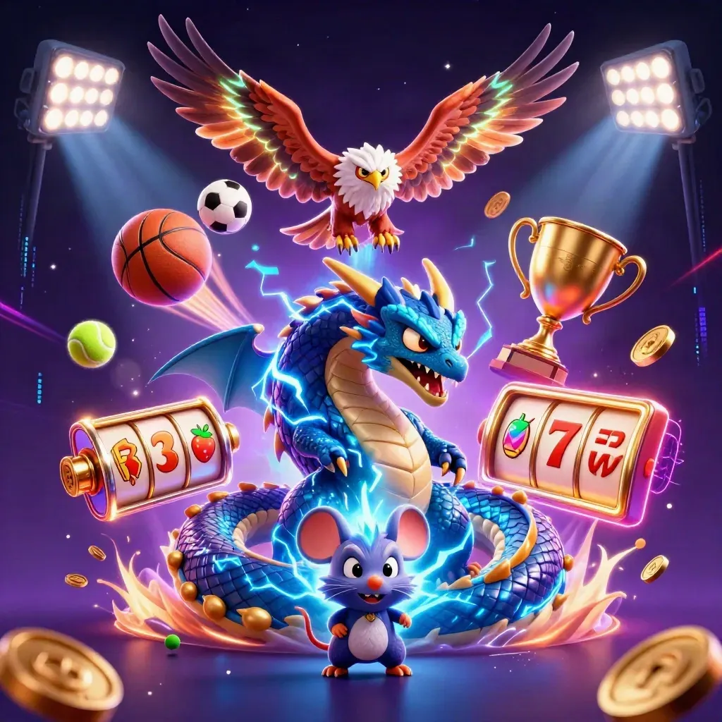 Thunder dragon, wind hawk, and thunder-mouse amid casino effects, coins, balls, reels, and neon lightning.