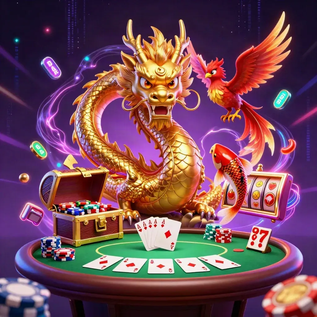 Golden dragon with red phoenix and koi amid casino props in a neon splash scene