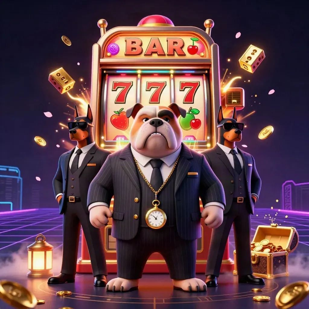 Bulldog mob boss with two doberman guards amid bursting slots, gold dice, and neon casino effects.