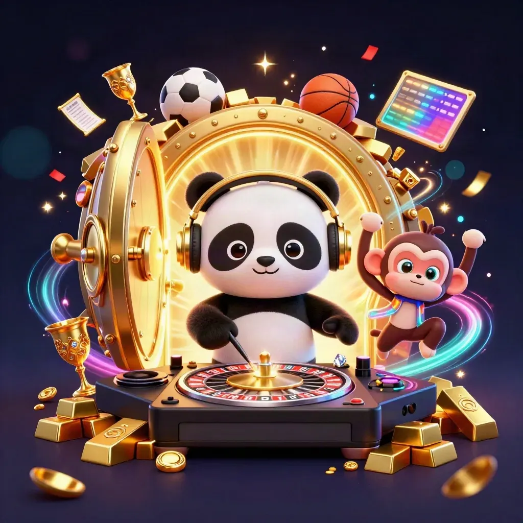 DJ panda, dancing monkey, and glow-stick kitten amid gold, sparks, and a vault blast
