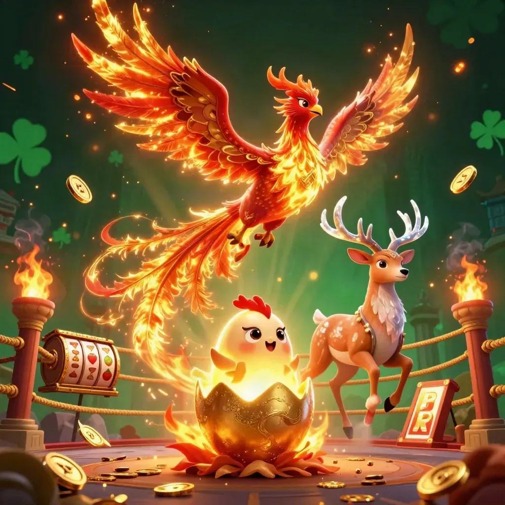 Crimson-gold phoenix, baby phoenix, and crystal-antler stag amid casino relics and glowing embers.