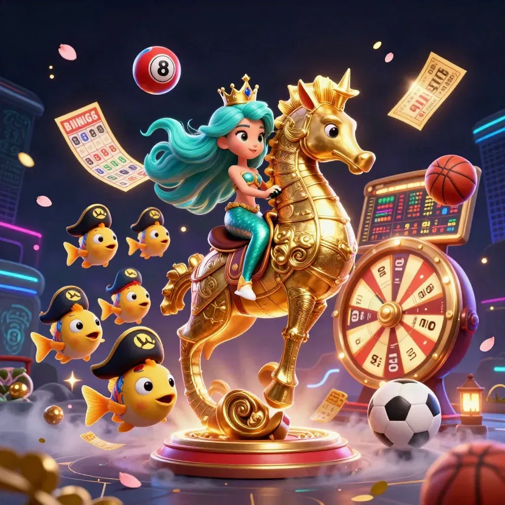 Mermaid princess on a golden seahorse with pirate fish and casino rewards in neon dark light.